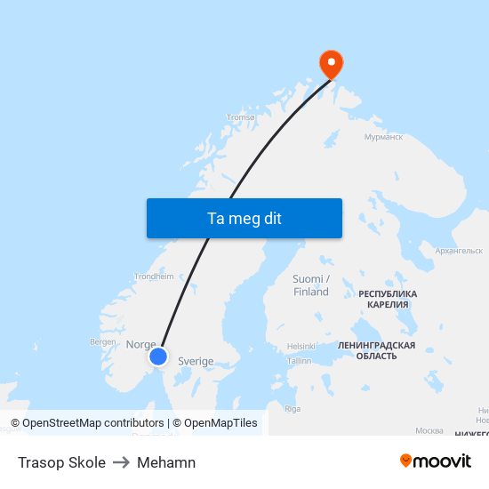 Trasop Skole to Mehamn map
