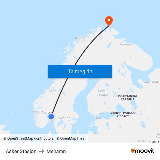 Asker Stasjon to Mehamn map