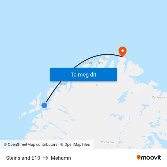 Steinsland E10 to Mehamn map
