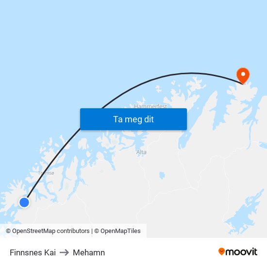 Finnsnes Kai to Mehamn map