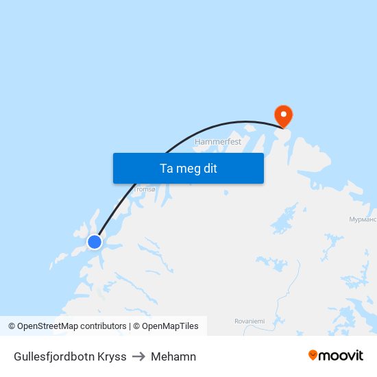 Gullesfjordbotn Kryss to Mehamn map