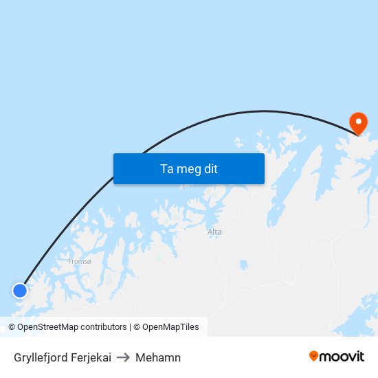 Gryllefjord Ferjekai to Mehamn map