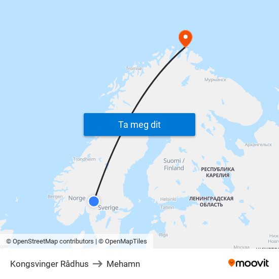 Kongsvinger Rådhus to Mehamn map