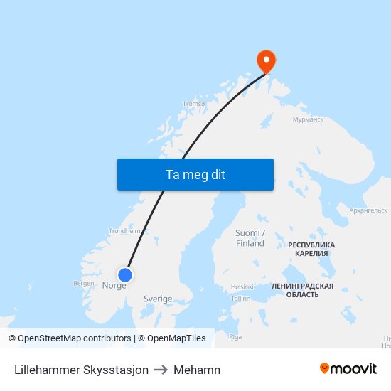 Lillehammer Skysstasjon to Mehamn map
