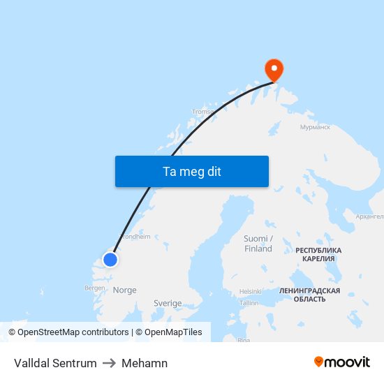 Valldal Sentrum to Mehamn map