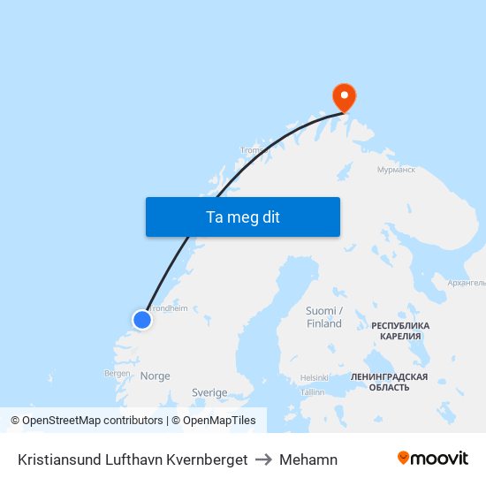 Kristiansund Lufthavn Kvernberget to Mehamn map
