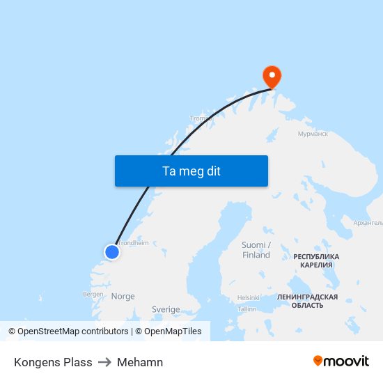 Kongens Plass to Mehamn map