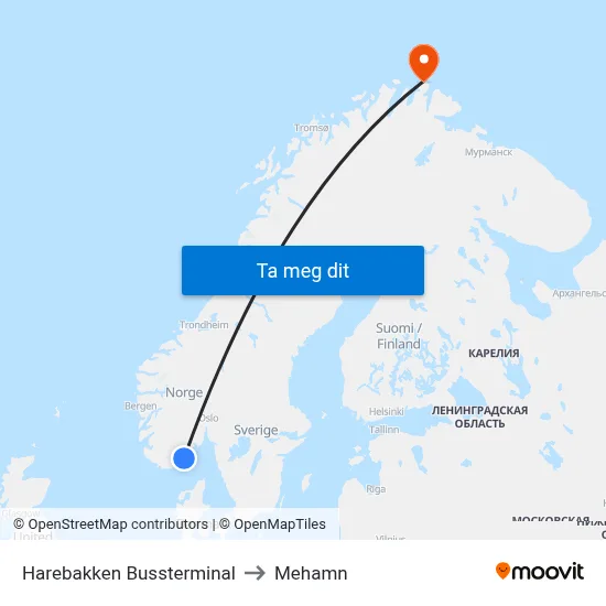 Harebakken Bussterminal to Mehamn map