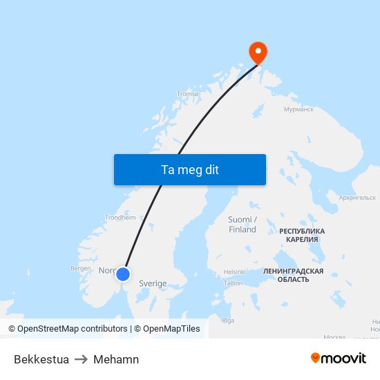 Bekkestua to Mehamn map