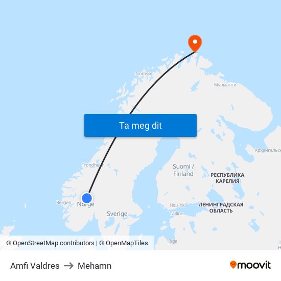 Amfi Valdres to Mehamn map