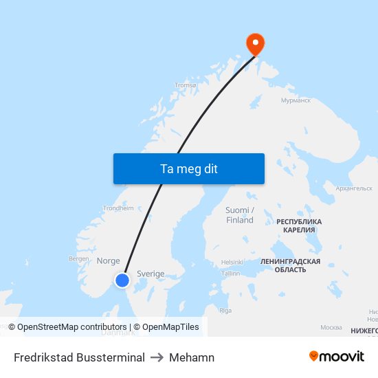 Fredrikstad Bussterminal to Mehamn map