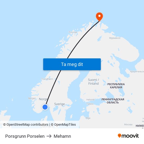 Porsgrunn Porselen to Mehamn map