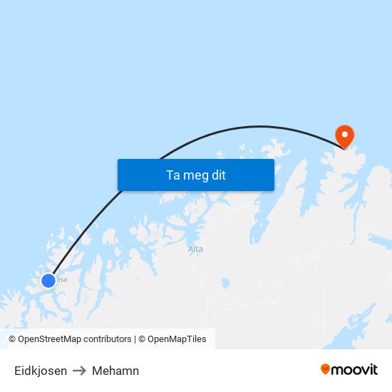 Eidkjosen to Mehamn map