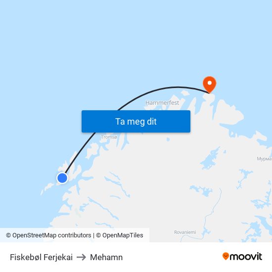 Fiskebøl Ferjekai to Mehamn map