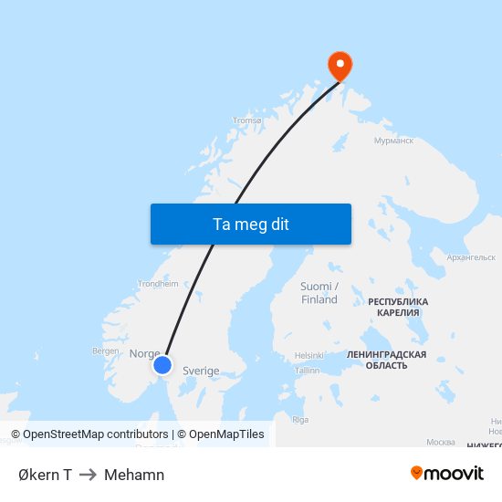 Økern T to Mehamn map