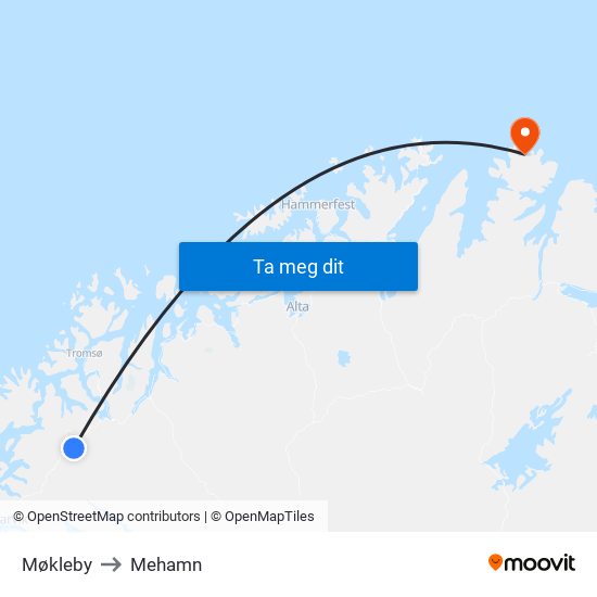 Møkleby to Mehamn map