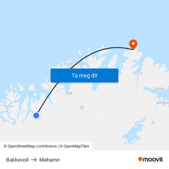 Bakkevoll to Mehamn map