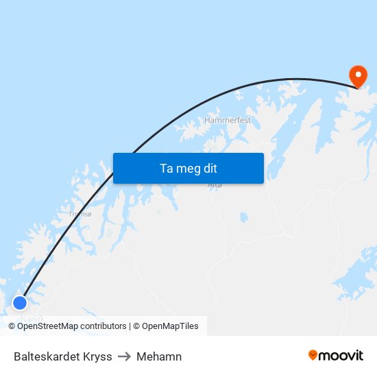 Balteskardet Kryss to Mehamn map
