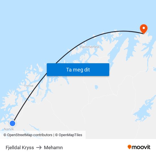 Fjelldal Kryss to Mehamn map