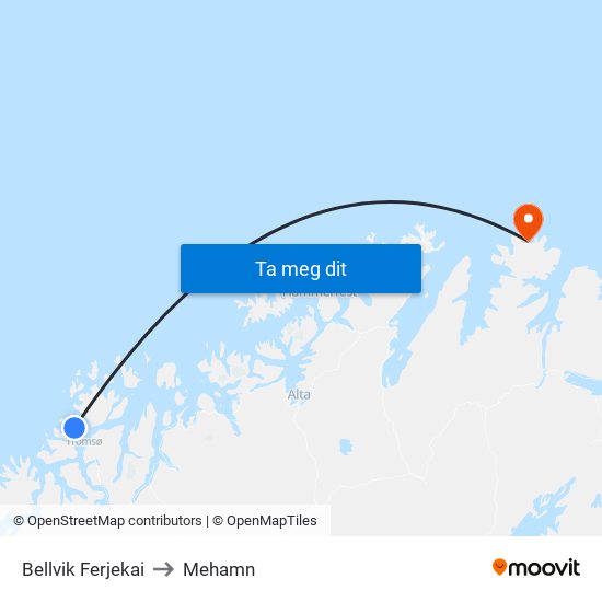 Bellvik Ferjekai to Mehamn map