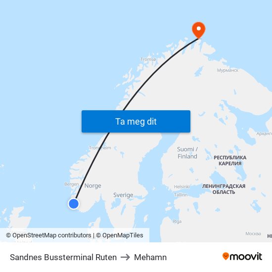 Sandnes Bussterminal Ruten to Mehamn map