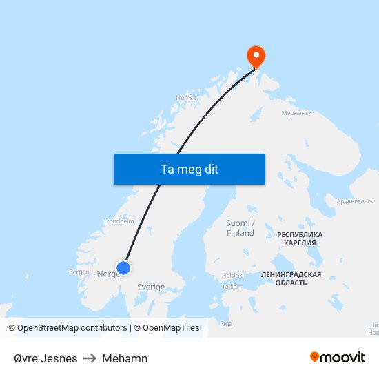Øvre Jesnes to Mehamn map