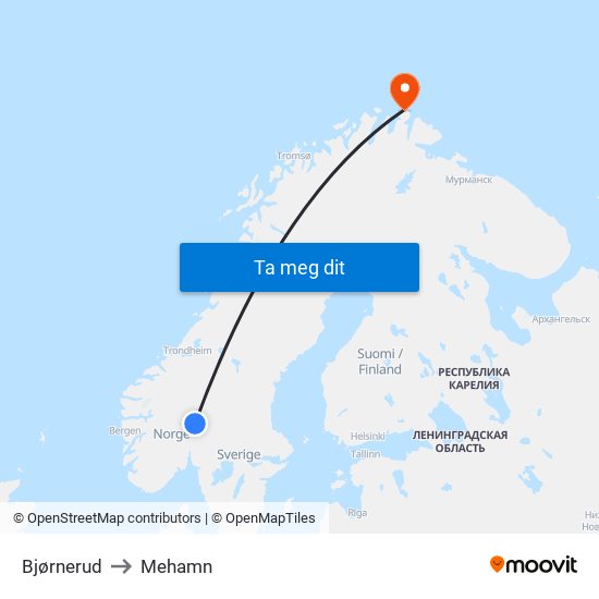 Bjørnerud to Mehamn map