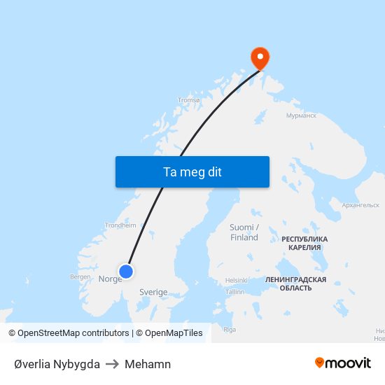 Øverlia Nybygda to Mehamn map