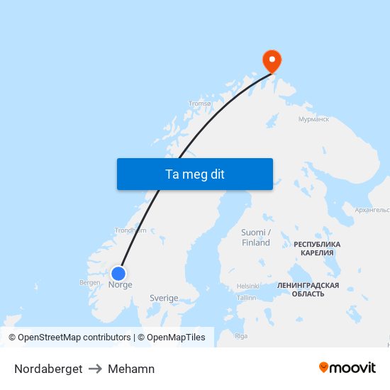 Nordaberget to Mehamn map