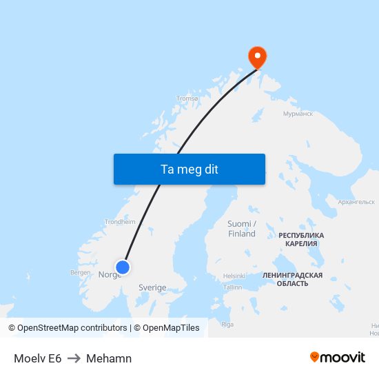 Moelv E6 to Mehamn map