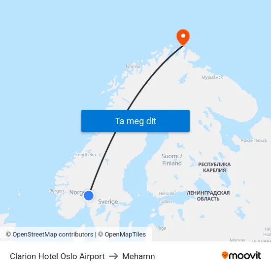 Clarion Hotel Oslo Airport to Mehamn map