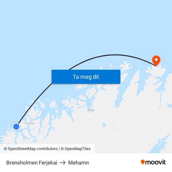 Brensholmen Ferjekai to Mehamn map