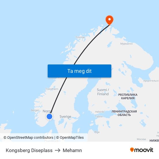 Kongsberg Diseplass to Mehamn map