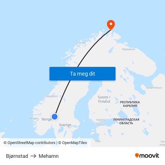 Bjørnstad to Mehamn map