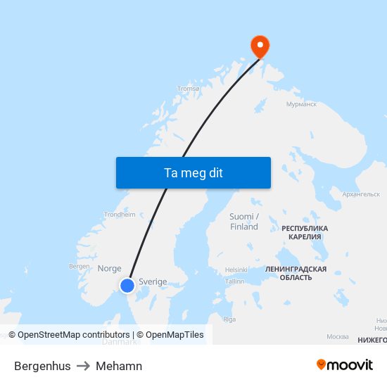 Bergenhus to Mehamn map