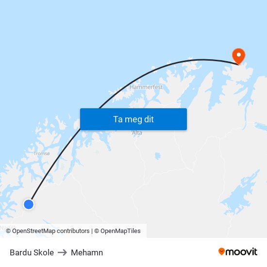 Bardu Skole to Mehamn map