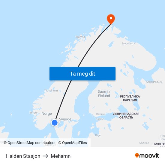 Halden Stasjon to Mehamn map