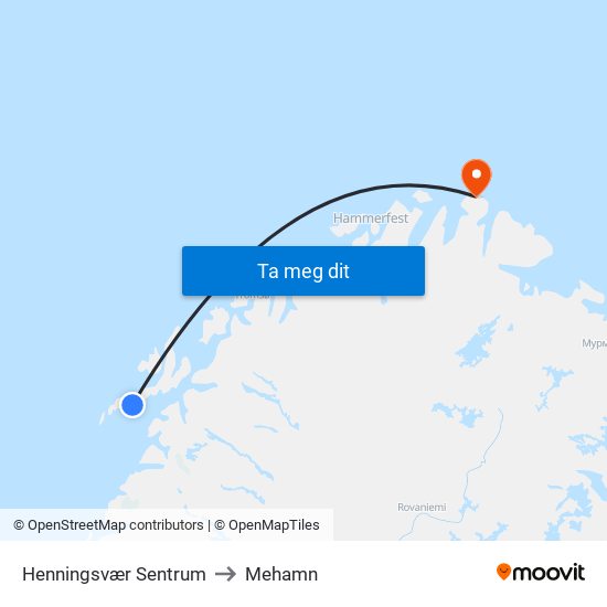 Henningsvær Sentrum to Mehamn map