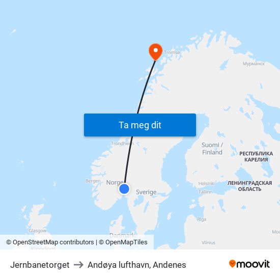 Jernbanetorget to Andøya lufthavn, Andenes map