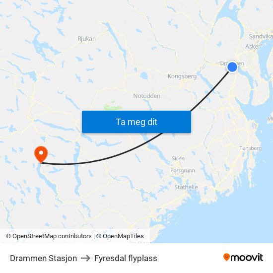 Drammen Stasjon to Fyresdal flyplass map