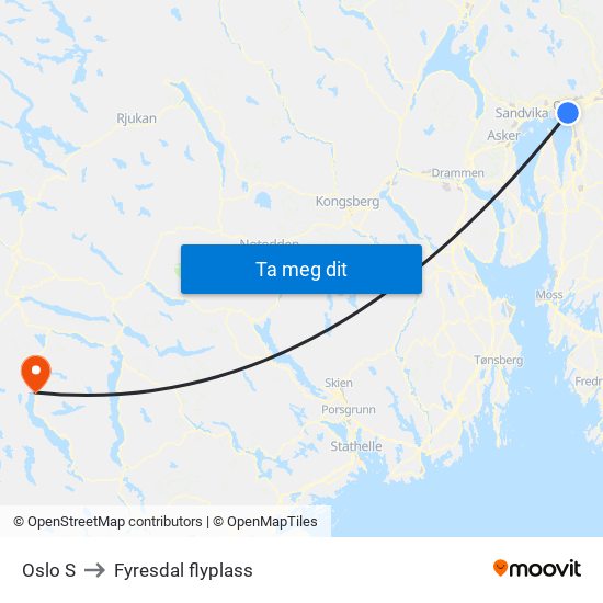 Oslo S to Fyresdal flyplass map