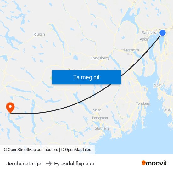 Jernbanetorget to Fyresdal flyplass map