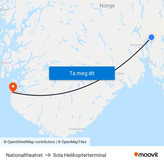 Nationaltheatret to Sola Helikopterterminal map