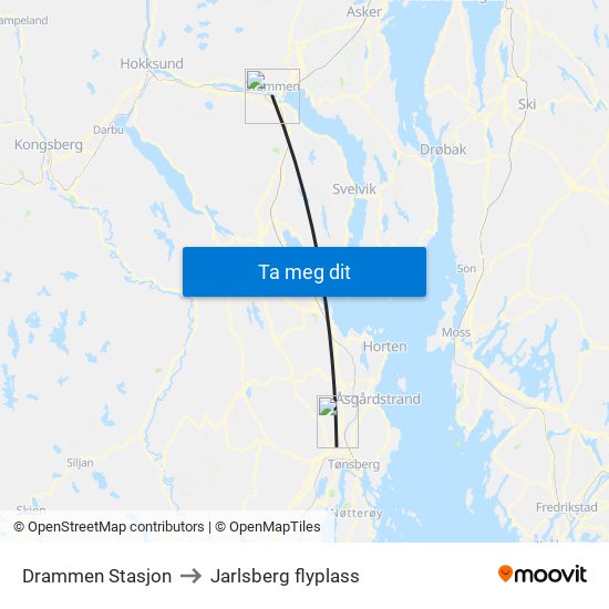 Drammen Stasjon to Jarlsberg flyplass map