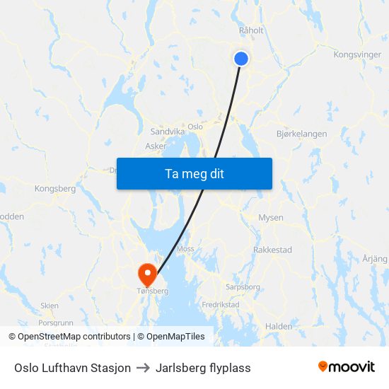 Oslo Lufthavn Stasjon to Jarlsberg flyplass map