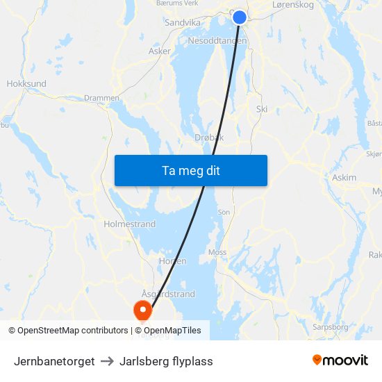 Jernbanetorget to Jarlsberg flyplass map
