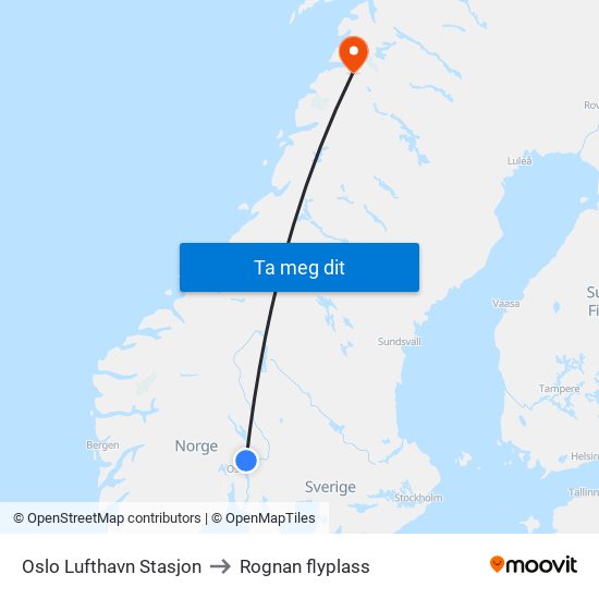 Oslo Lufthavn Stasjon to Rognan flyplass map