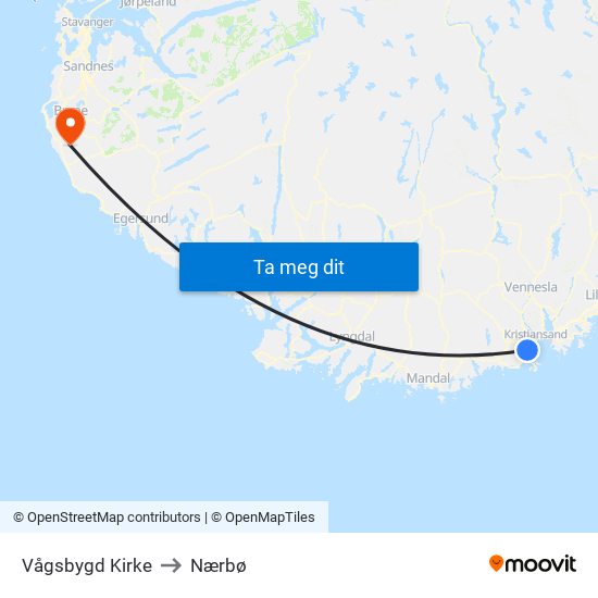 Vågsbygd Kirke to Nærbø map