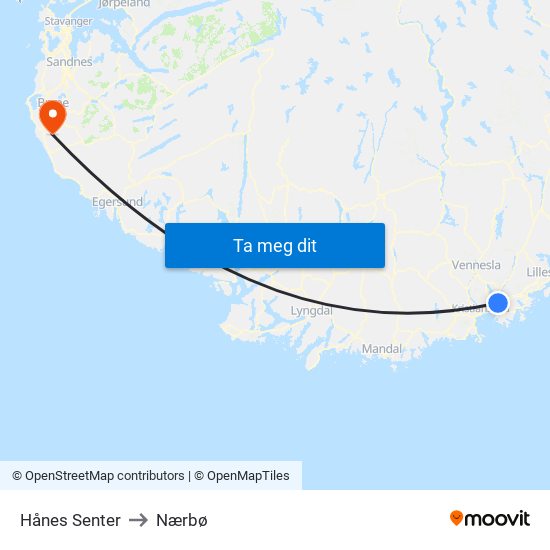 Hånes Senter to Nærbø map