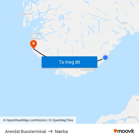 Arendal Bussterminal to Nærbø map